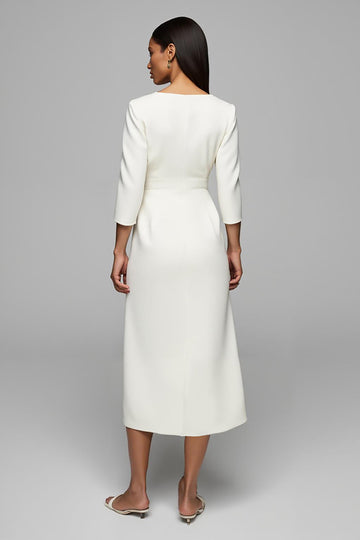 Ivory V-Neck Midi Work Dress With 3/4 Sleeves
